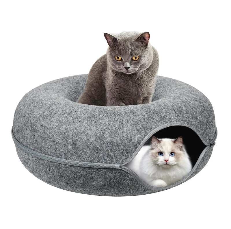 All-Season-Waterproof-Corduroy-Detachable-Removable-Linen-Foam-Cat-Cave-Donut-Bed-with-Circle-Tunnel-for-Pets