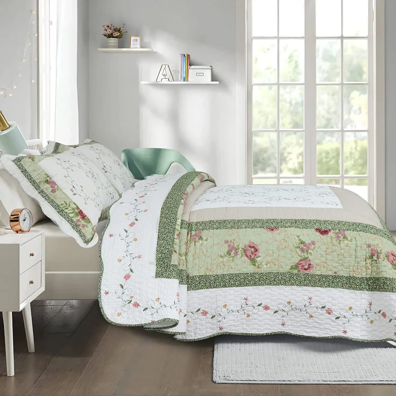 American-Country-Style-Small-Floral-Bedspread-Washed-Quilted-Quilt-3pcs-Bedding-Set