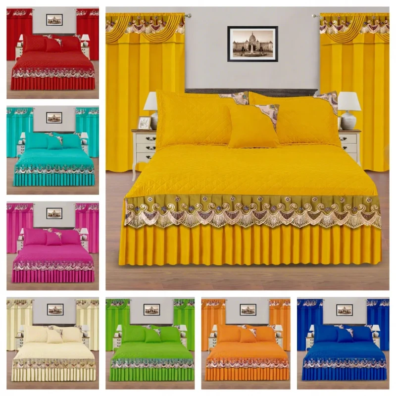 American-Luxury-Embroidery-Lace-Bedskirt-Set-with-Quilted-Filling-5-PCS-With-Curtains-Pillowcase-for-Home-or-Hotel
