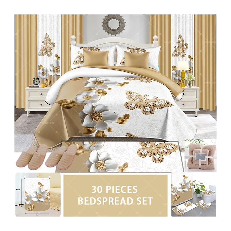 American-Style-3D-Print-Luxury-30-Pieces-Sheet-Collections-Bedding-Set-with-Matching-Curtains-Cotton-Filling-Quilt-Bedspread-Set