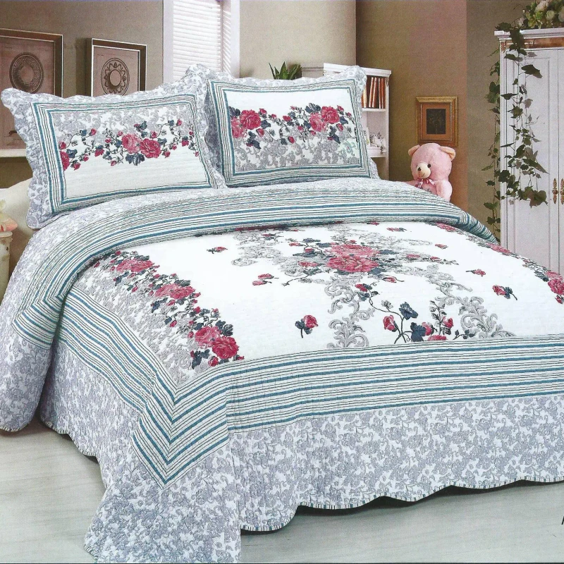 American-Style-3PCS-Modern-Floral-Home-Bedroom-100-Cotton-Bedspread-Coverlet-Quilt-Set-Bedding-Set