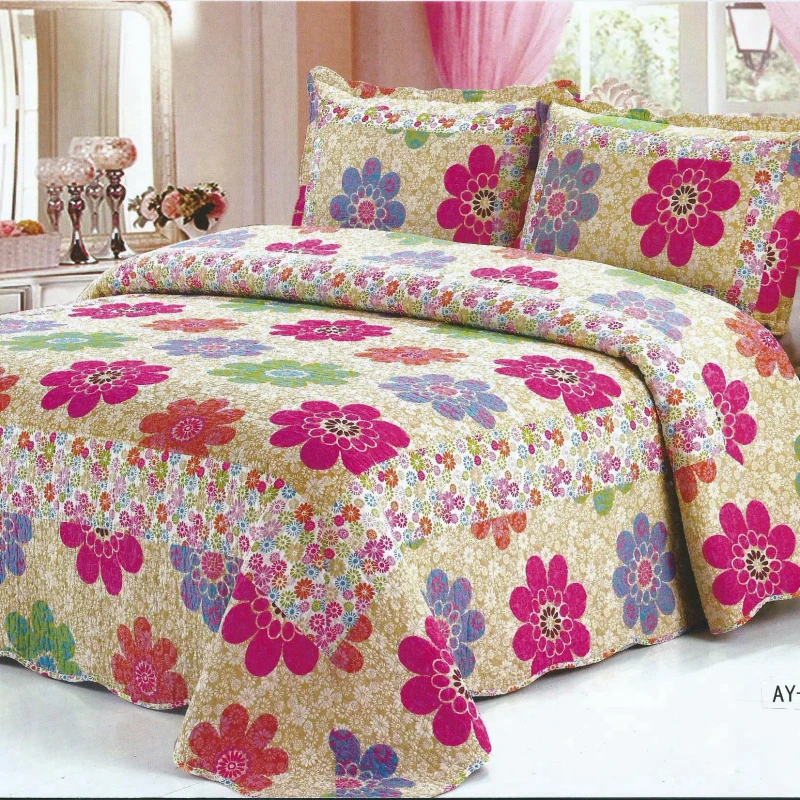 American-Style-Big-Flower-Printed-Patterns-King-3PCS-Quilted-Bedspread-Set