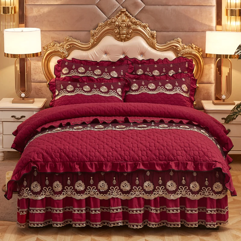 American-Style-Burgundy-Embroidery-Velvet-4PCS-Blanket-Quilt-Comforter-Bed-Sheet-Duvet-Cover-Set