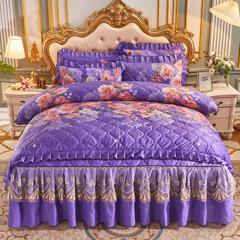 American-Style-Crystal-Velvet-Winter-Flower-Printed-Wedding-Diamond-Quilted-4pcs-Duvet-Cover-Set