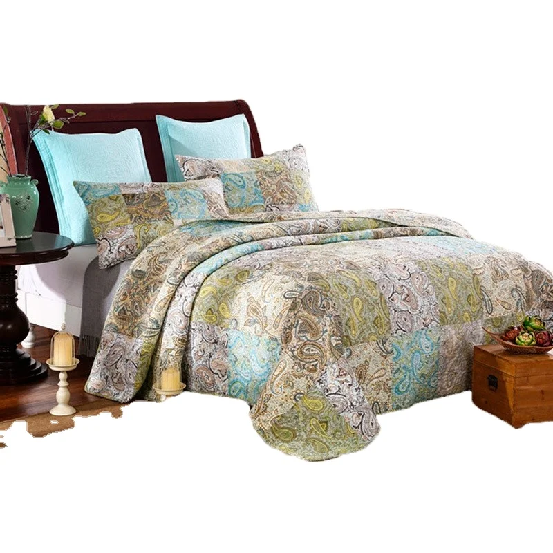 American-Style-Egyptian-Cotton-Handmade-Embroidery-3pcs-Quilted-Comforter-Set-for-Summer-Patchwork-Design