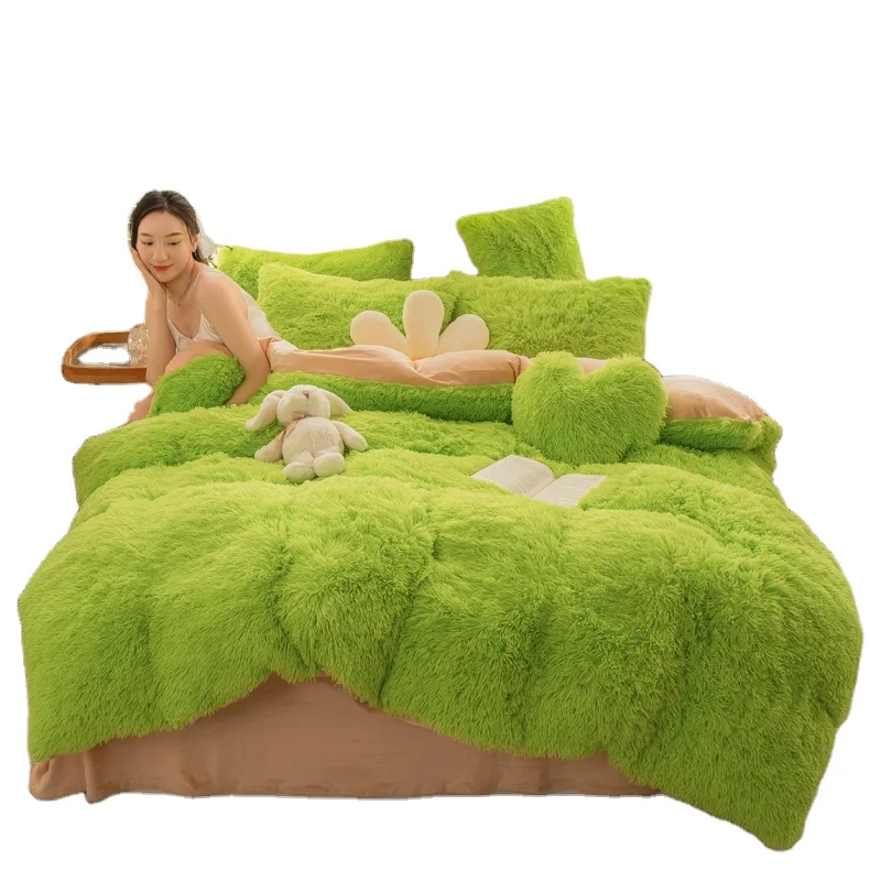 American-Style-Organic-Waterproof-Green-Velvet-Duvet-Cover-Set-Fluffy-Plush-Shaggy-Bed-Set