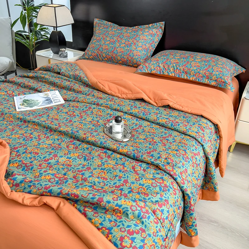 American-Style-Polyester-Orange-Flower-Printed-4PCS-Comforter-Bed-Sheet-Set
