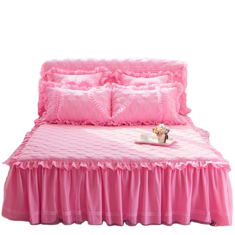 American-Style-Romantic-Exquisite-Pink-Bed-Skirt-Two-Layers-with-Embroidery-Organic-Cotton-for-Home-Use