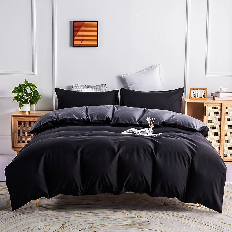 American-Style-Solid-Color-Chemical-Fiber-Customizable-Three-Piece-Duvet-Cover-Set-with-Fitted-Sheet