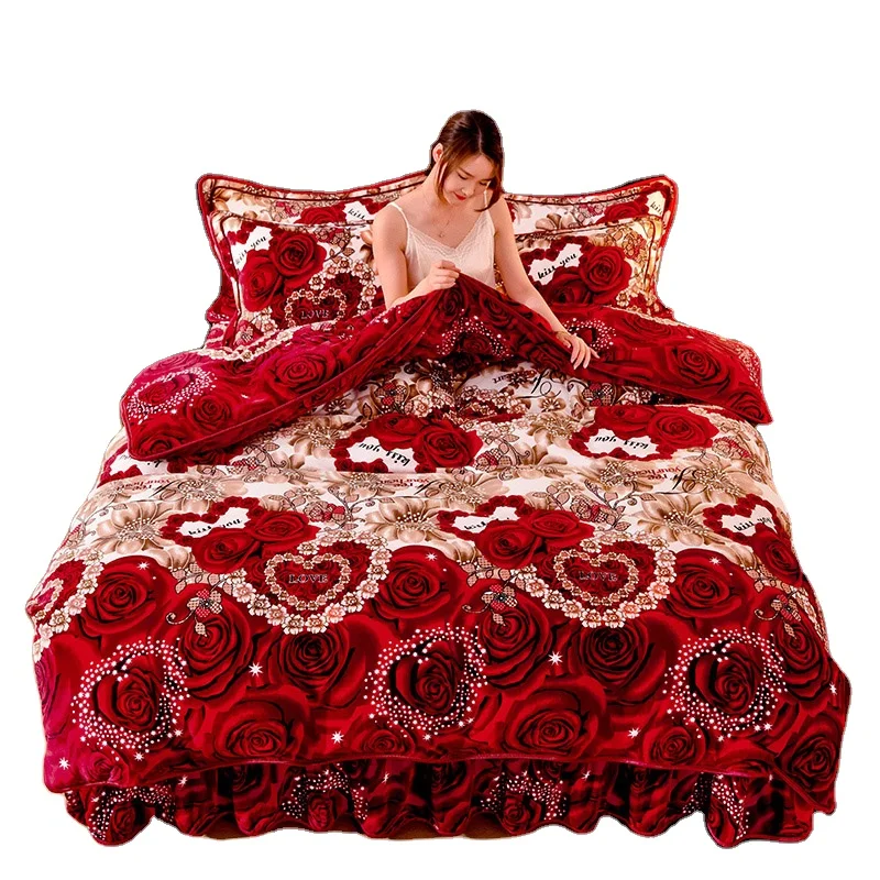American-Style-Super-Soft-Warm-Fluffy-Plush-Diamond-Rose-4pcs-Quilt-Set-Embroidery-Curtain-Bedding-Set