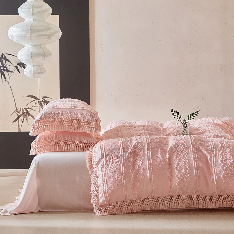 Arrival-Boho-Style-3D-Jacquard-Tassel-4-Piece-Bedding-Set-White-Duvet-Cover
