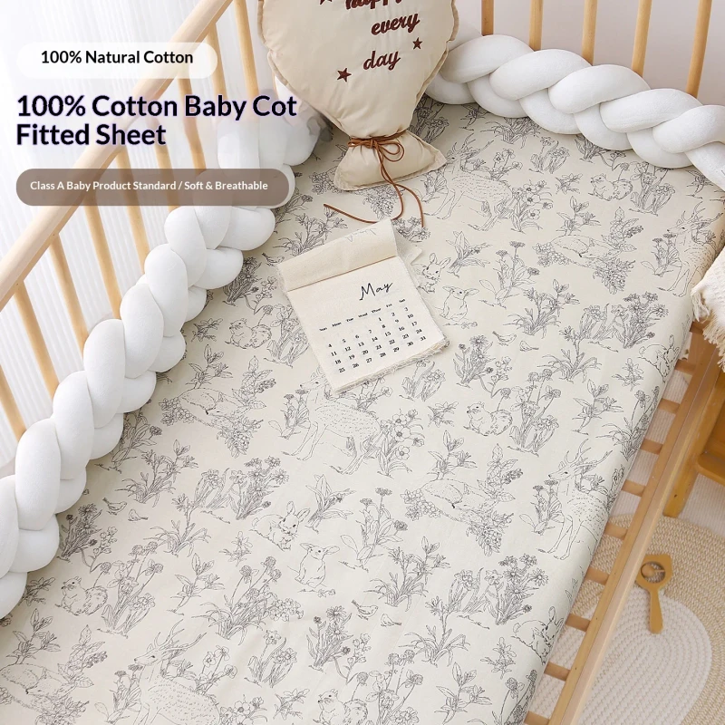 Baby-Bed-Sheet-Set-Pure-Cotton-Three-Piece-Cartoon-Animation-Plants-Flowers-Pattern-All-Season-Use-Customizable-Bedding