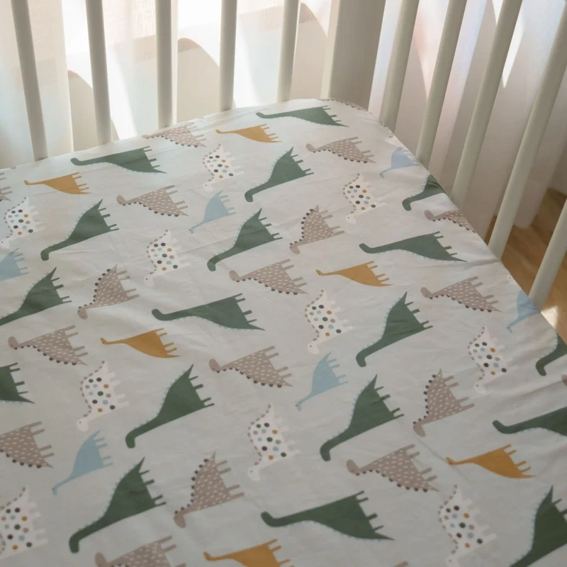 Baby-Fitted-Sheet-Newborn-Bedding-Childrens-Bed-Cover-Pure-Cotton-Satin-Pattern-All-Season-Toddler-Gray-Dinosaur