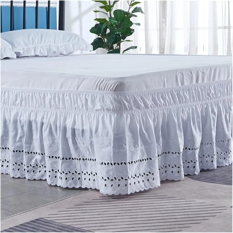 Bed-Skirt-Embroidered-Craft-Ruffled-White-Wrinkle-Fade-Resistant-Fabric