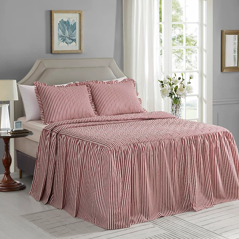 Bed-Skirt-Quilted-Striped-Brushed-Microfiber-Gray-White-Farmhouse-Anti-Static-Dust-Resistant-All-Season