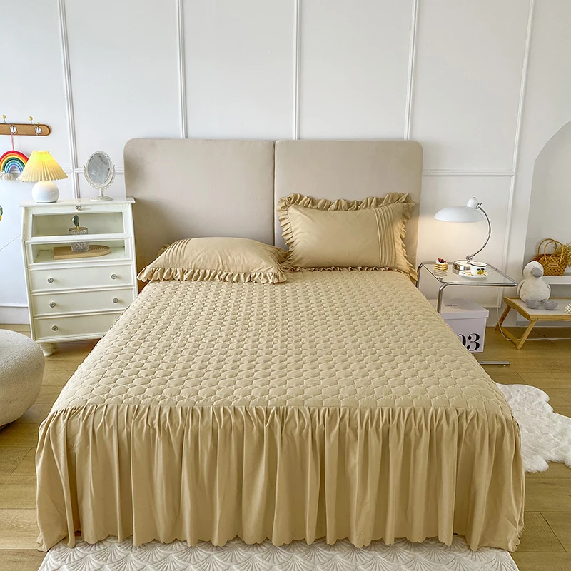 Bed-Skirt-Set-3-Pc-Single-Pillowcases-Bed-Skirt-Bed-Cover-Home-Hotel-Bedroom-Soft-Skin-Friendly-Soild-Color