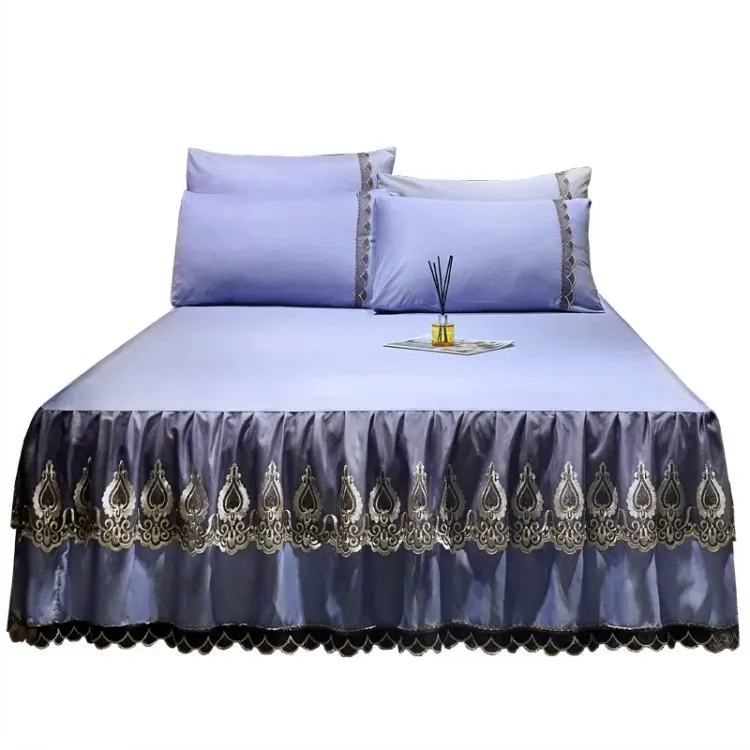 Bed-Skirt-Set-Pink-Florals-Lace-Brushed-Fabric-Bedding-Set-Skirt-Set-for-Home-Hotel