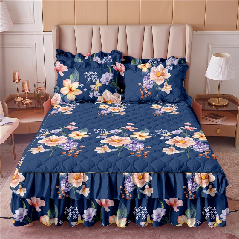 Bed-Skirts-Set-Double-Layer-Bedspread-Floral-Printed-Bed-Sheet-Bilateral-Bed-Skirt-2-Pair-of-Pillowcase-Bedsheets