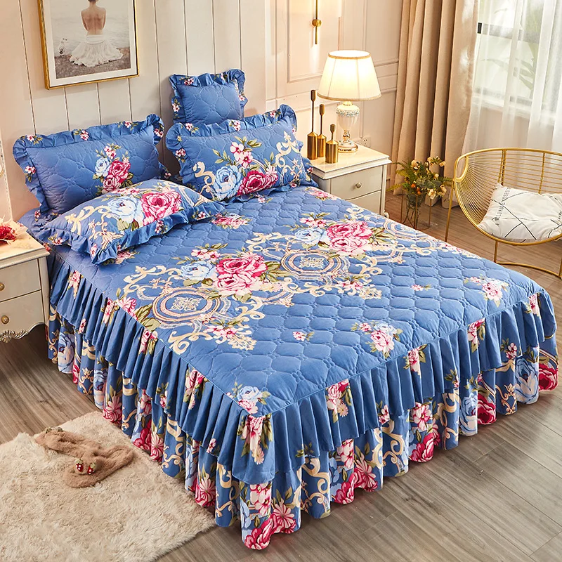 Bed-Skirts-Set-Double-Layer-Bedspread-Floral-Printed-Bed-Sheet-Bilateral-Quilted-Mattress-Protective-Cover