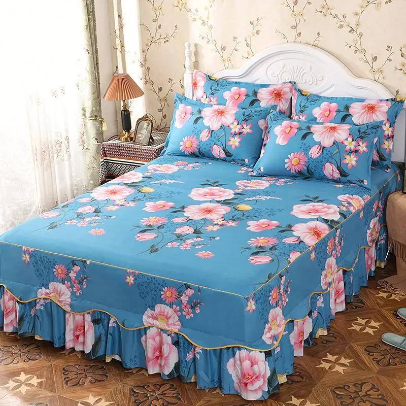 Bed-Skirts-Set-Double-Layer-Bedspread-Floral-Printed-Cotton-Bed-Cover-Bilateral-Bed-Skirt-2-Pair-of-Pillow-case