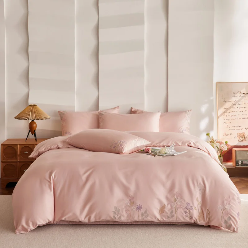 Bedding-Gift-Set-100-Cotton-Duvet-Cover-Flat-Bed-Sheet-Pillowcase-Pack-with-Flower-Embroidery-Pink-Plaid-Style-Disposable
