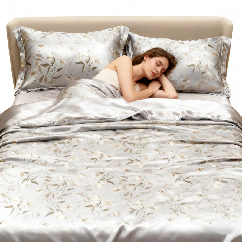 Bedding-Set-Including-Four-Items-Made-of-Silk-Featuring-Floral-Pattern-Embroidery-Pillowcase-Quilt-Cover-and-Mattress