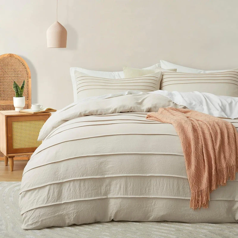 Beige-Duvet-Cover-Queen-Size-Pleated-Queen-Duvet-Cover-3PCS-Soft-Breathable-Textured-Bedding-Set-with-Zipper-Closure