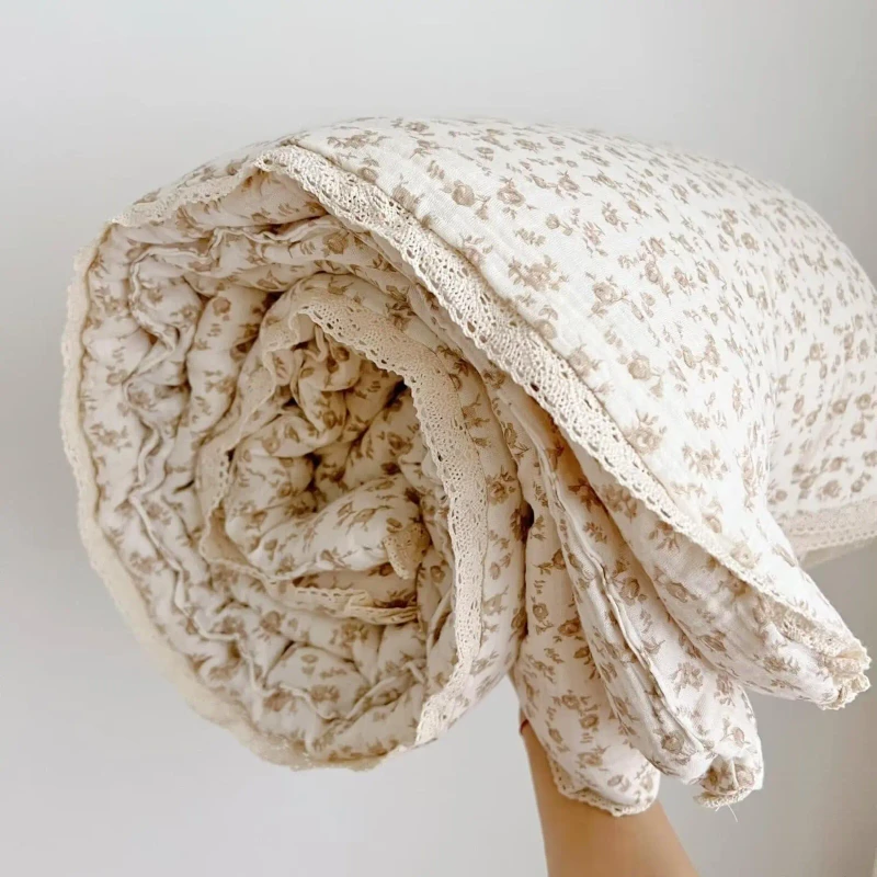 Beige-Floral-Cotton-Muslin-Quilted-Quilt-Lace-Accent-Soft-for-Bedroom-and-Lounge-Snuggles