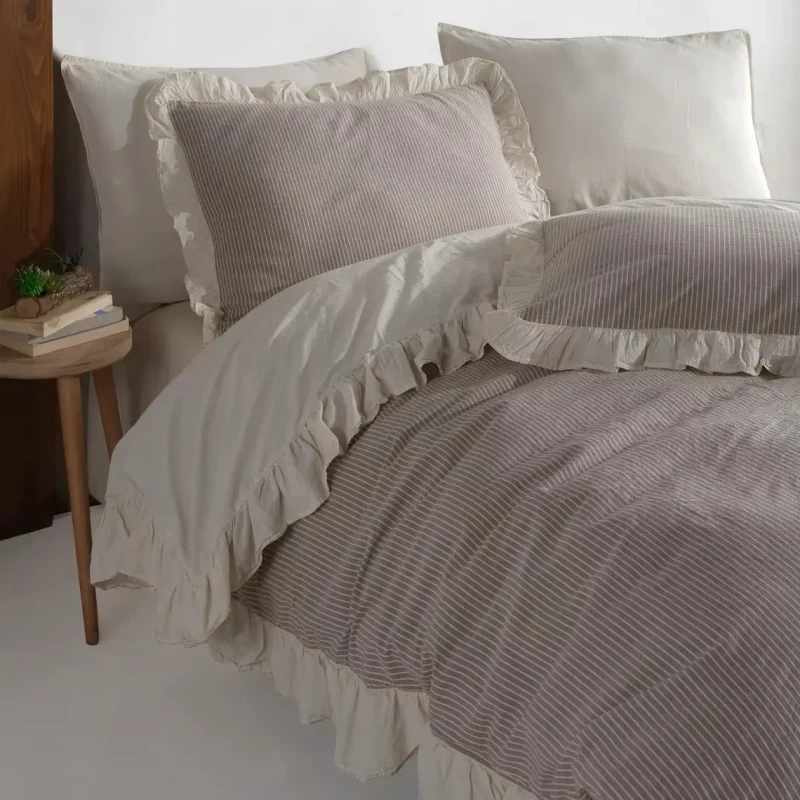 Beige-Solid-Ruffled-Cotton-Quilt-Cover-Set-European-American-Style-Bedding-Ruffles-3-Piece-OEKO-TEX-Certified-300TC-for-Wedding