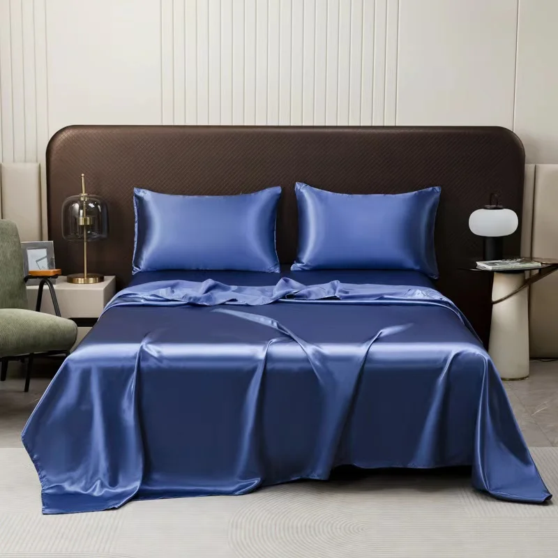 Best-Selling-Plain-Navy-Blue-Sheet-Set-Cool-Washed-Silk-Satin-Polyester-Flat-Fitted-Sheet-Pillowcase-Hotel-Home-Bedding-Set