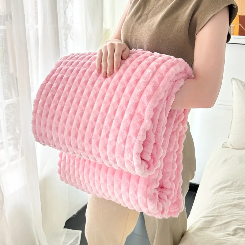 Blankets-Throws-Solid-Color-Striped-Pattern-Mink-Flannel-Fleece-Plush-Soft-Throw-Blanket
