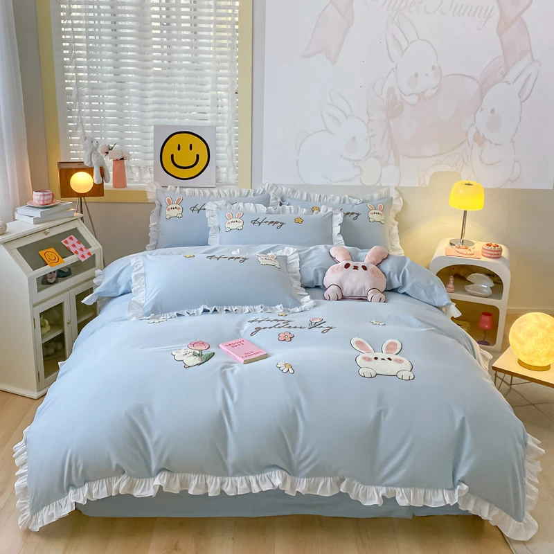 Blue-100-Cotton-Towel-Embroidered-Rabbit-Four-Piece-Kids-Bedding-Set-Other-Home-Textile