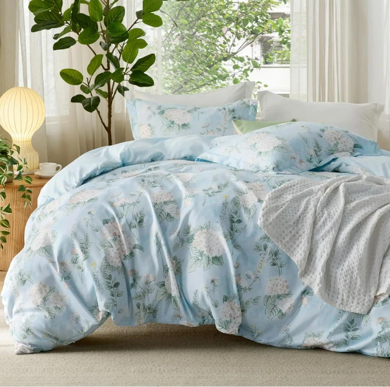 Blue-Plant-Pattern-Printed-100-Cotton-3-Piece-Duvet-Cover-Set-2-Pillowcases-Customized-Size-Hotel
