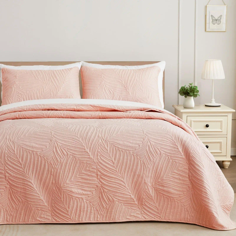 Blush-Pink-Soft-Lightweight-Microfiber-Bedspreads-Coverlets-Bed-Cover-Quilt-Bedding-Set-with-Leaf-Pattern-for-All-Seasons