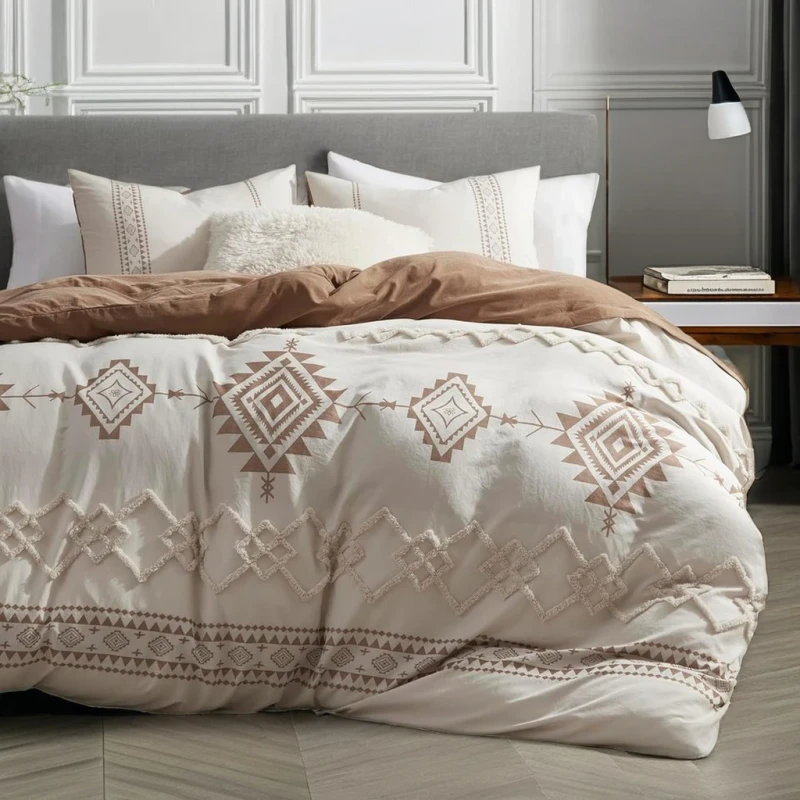 Boho-Geometric-Pattern-Duvet-Cover-Set-Queen-Beige-Terracotta-3-Pieces-Microfiber-200TC