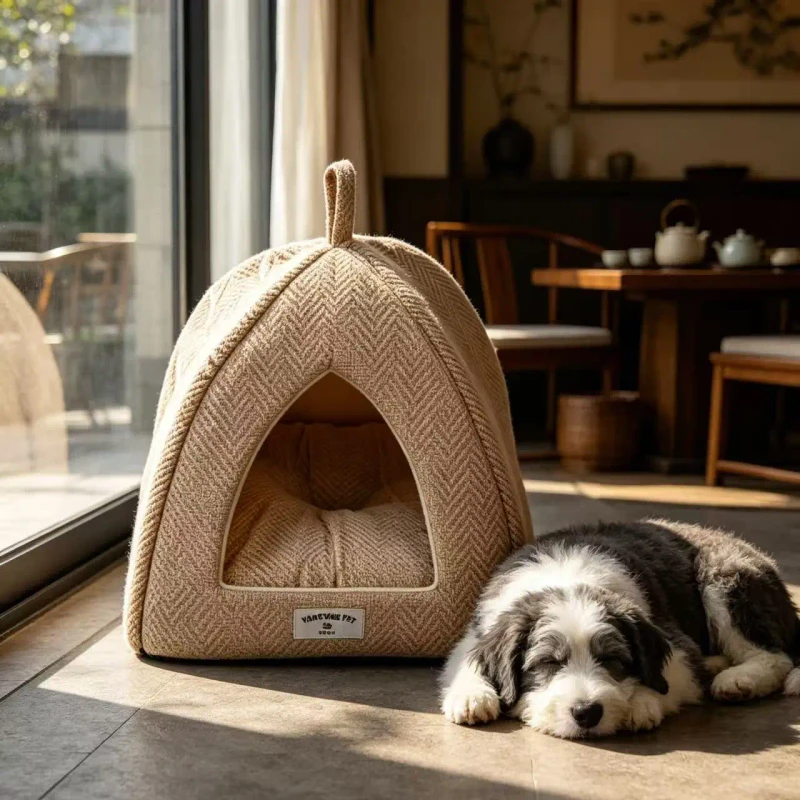 Brown-Triangle-Linen-Luxury-Waterproof-Washable-Indestructible-Dog-Bed