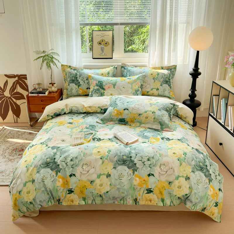 Brushed-Digital-Print-Four-Piece-Set-American-Style-250TC-Polyester-Fabric-Count-Machine-Washable-Florals-Polka-Dot-Home-Bedding