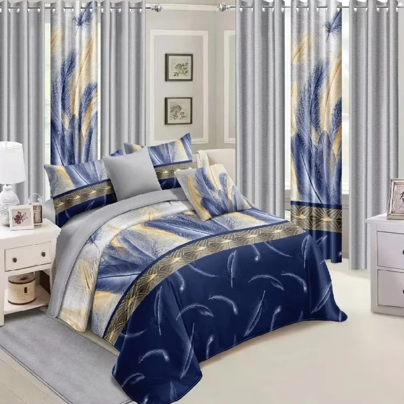 Brushed-Microfiber-Quilt-Cover-Bed-Sheet-Bedding-Set-With-Matched-Curtains-6pcs-for-Bedroom