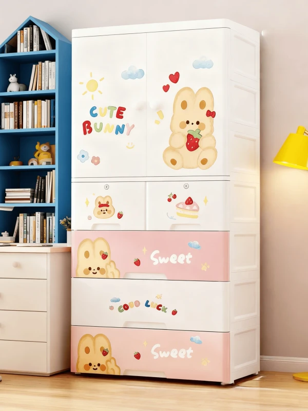 Bunny-Themed-Kids-Wardrobe-Plastic-Childrens-Closet-with-Drawers-Compartments-Bedroom-Storage-Solution