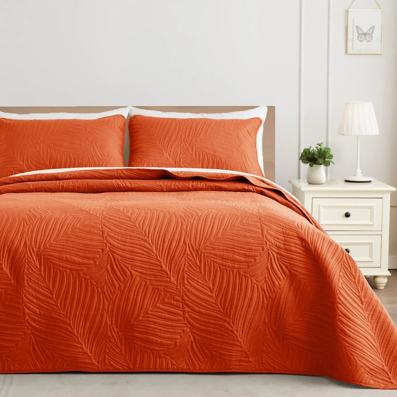 Burnt-Orange-Soft-Lightweight-Microfiber-Bedspreads-Coverlets-Bed-Cover-Quilt-Bedding-Set-with-Leaf-Pattern-for-All-Seasons