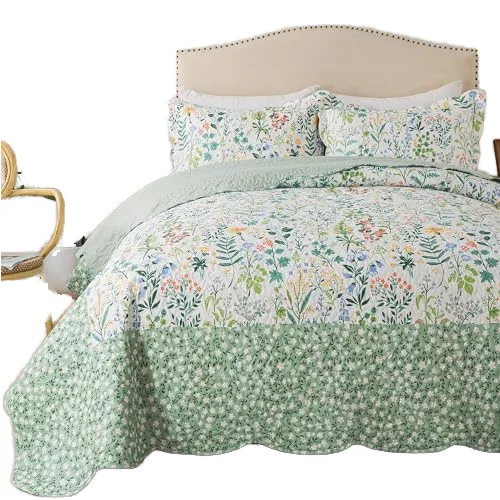 California-King-Quilt-Set-3-Piece-Microfiber-Bedspread-Green-White-Floral-Pattern-Extra-Large-120x120-All-Seasons