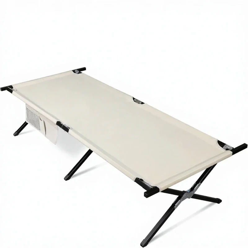 Camping-Cot-Portable-Folding-Carry-Bag-Sleeping-Outdoor-Bed-Adults-Side-Pocket-Support-300-Lbs-Silver-Greige-Metal-Frame