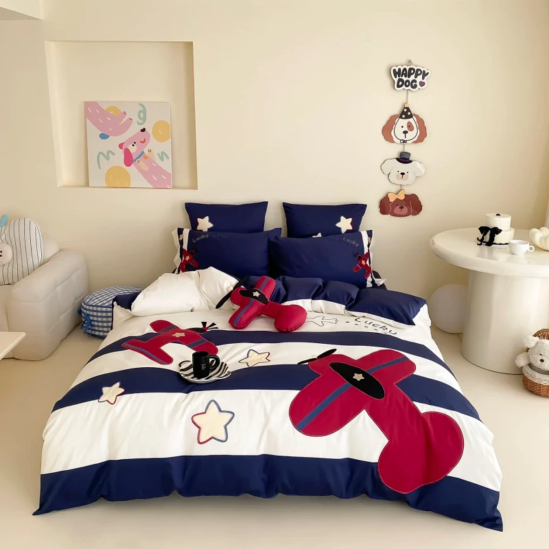 Cartoon-4pcs-Cotton-Red-Embroidery-Home-Hotel-Textiles-Kids-Babies-Bedding