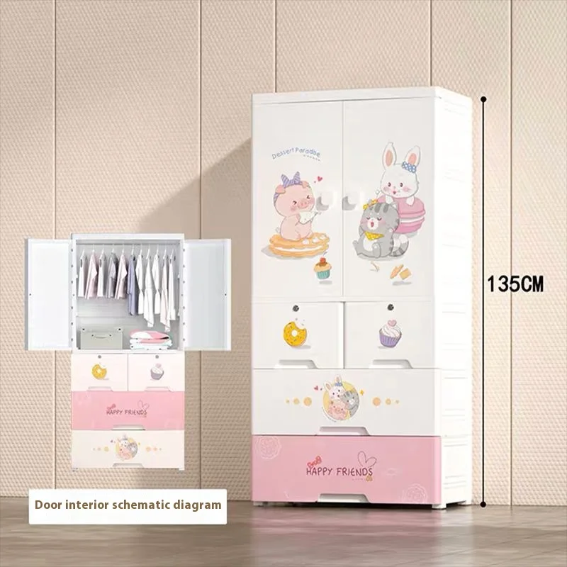 Cartoon-Animal-PP-Kids-Wardrobe-Multi-Tier-Childrens-Storage-Cabinet-with-Hanging-and-Drawer-Space