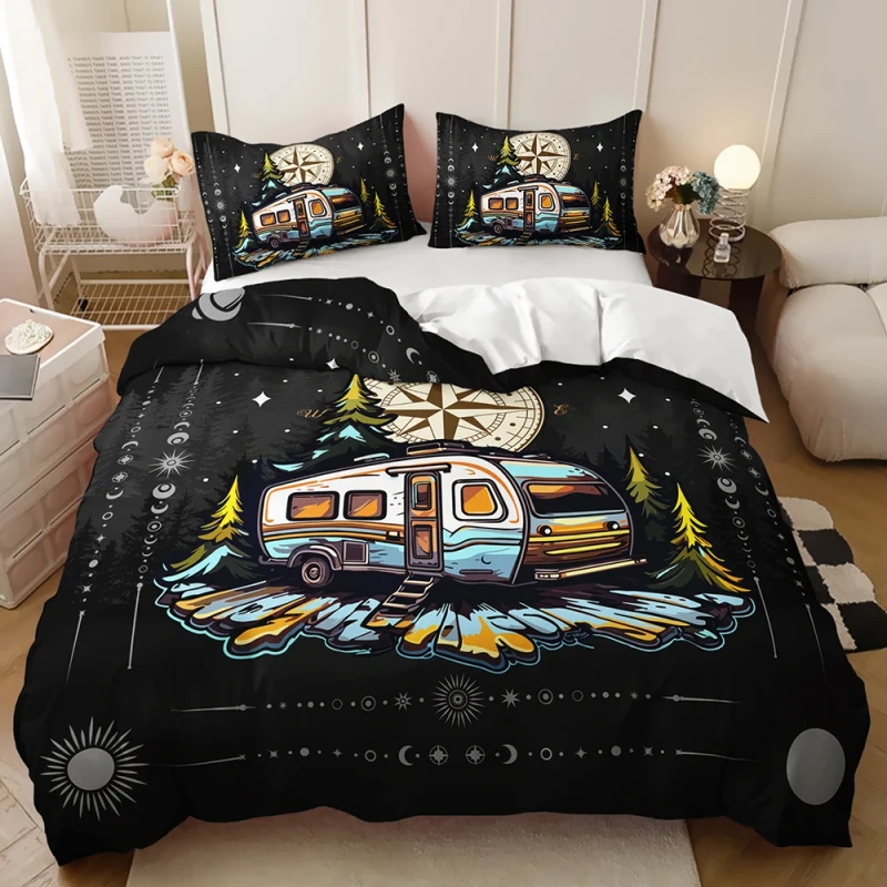 Cartoon-Campervan-3D-Rotary-Screen-Printed-Winter-Quilt-Cover-Three-Piece-Set-Microfiber-Fabric-Home-Use