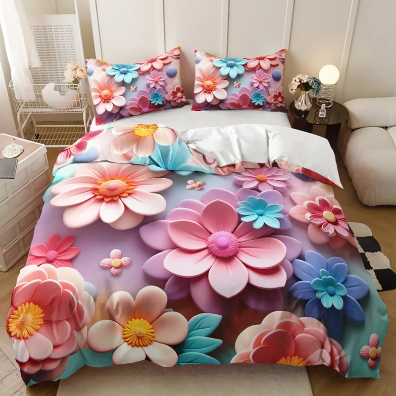 Cartoon-Colors-Floral-Heart-Maiden-Bedding-Set-3D-Digital-Printing-Pink-Custom-Duvet-Cover-Set