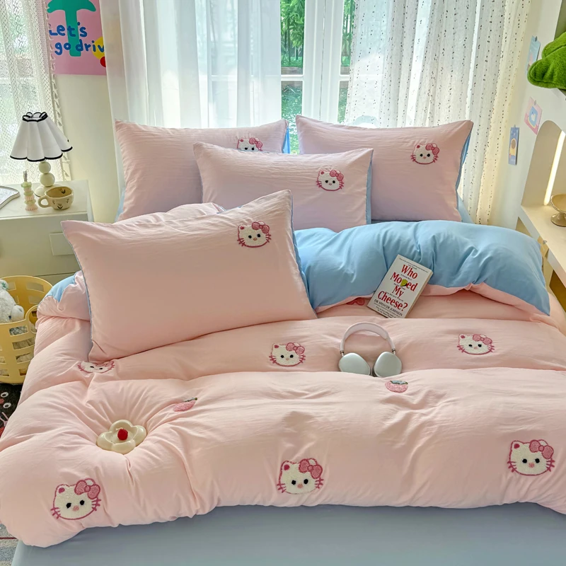 Cartoon-Embroidered-Pink-Kids-4-Piece-Bedding-Set-Ultra-Soft-Skin-Friendly-Washed-Cotton-Children-Bed-Sheet-Set-for-Baby-Girl