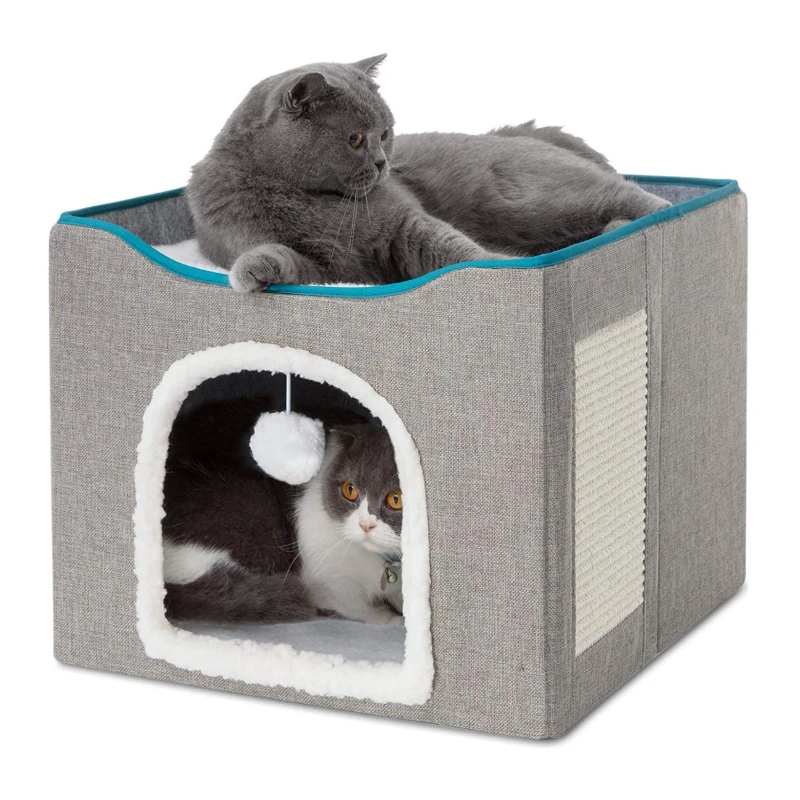 Cat-Beds-for-Indoor-Large-Cat-Cave-Pet-Cat-House-with-Fluffy-Ball-Hanging-and-Scratch-Pad-Foldable-Hideaway