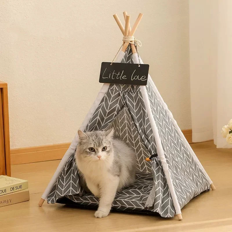 Cat-Pet-Tent-Printed-Linen-And-Wood-Material-Eco-Friendly-Portable-Tent-With-Removable-Washable-Floor-And-Bed