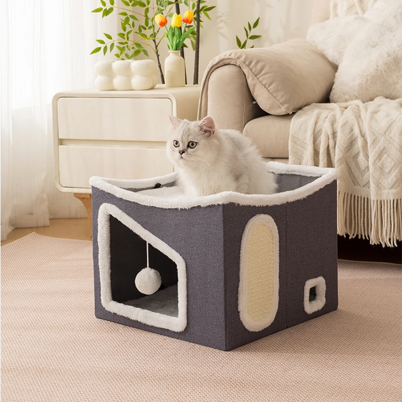 Chengjun-44-41-33cm-Linen-Fabric-4-Season-Furry-Custom-Rlling-Ball-Foldable-Washable-with-Cat-Scratching-Post-Pet-Bed-Cat-House